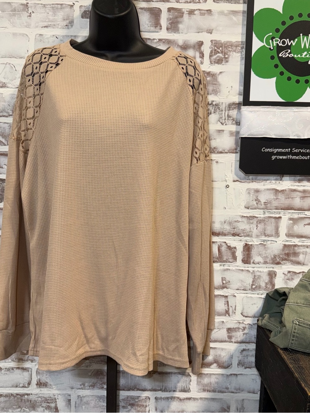 Beige Lace-Shoulder Waffle Knit Women's Top